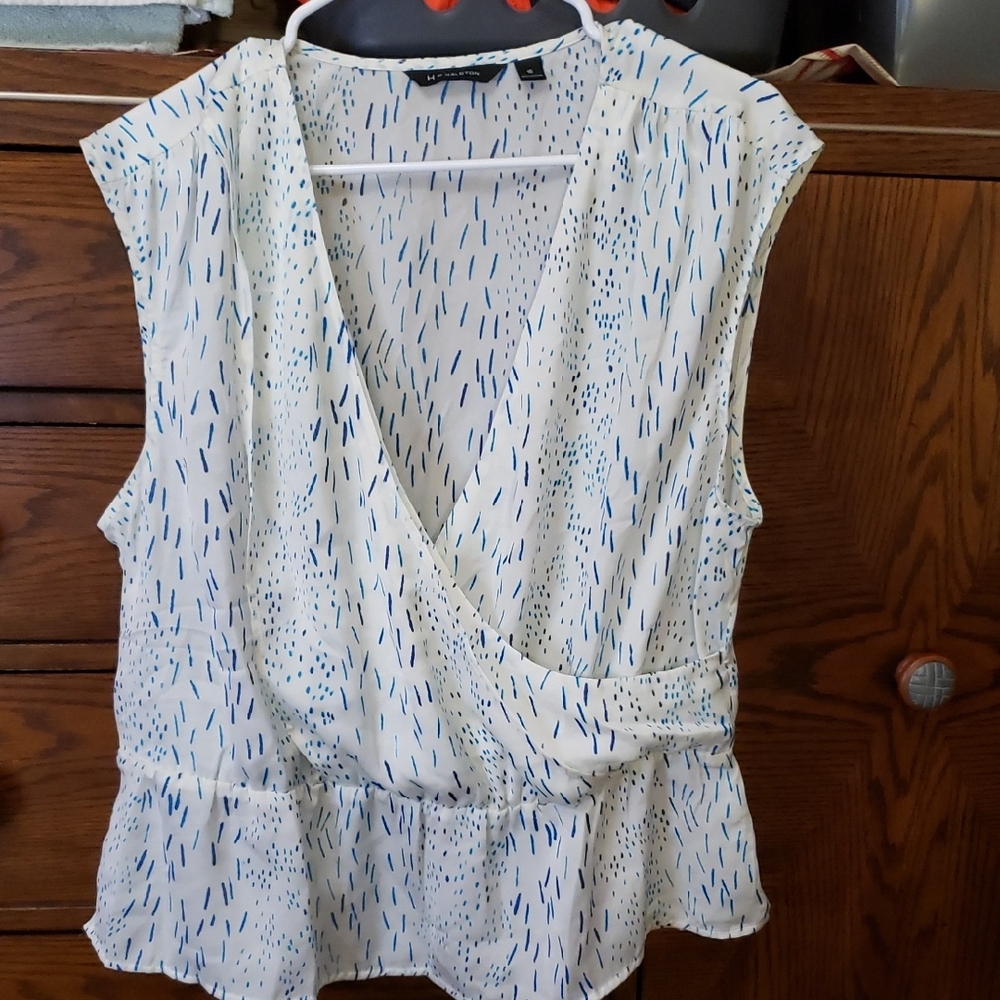 H by Halston Blue and White Sleeveless Blouse